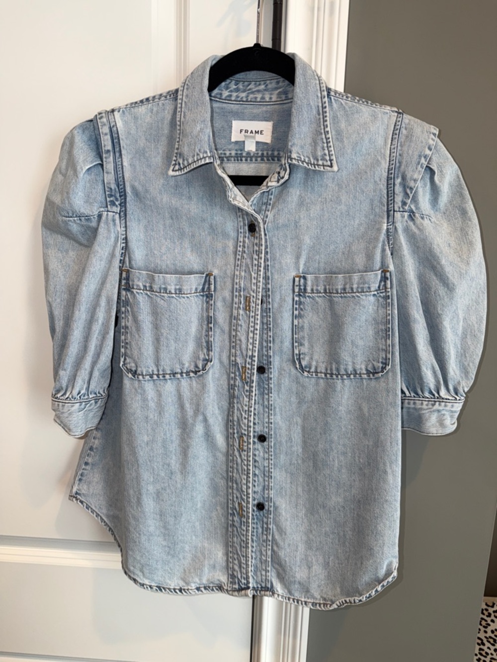 Frame Denim Light Blue Denim Puff-Sleeve Button-Up Shirt